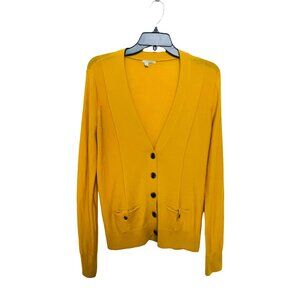 100% Merino Wool V-Neck Cardigan — Mustard Yellow Sweater (Halogen, M)